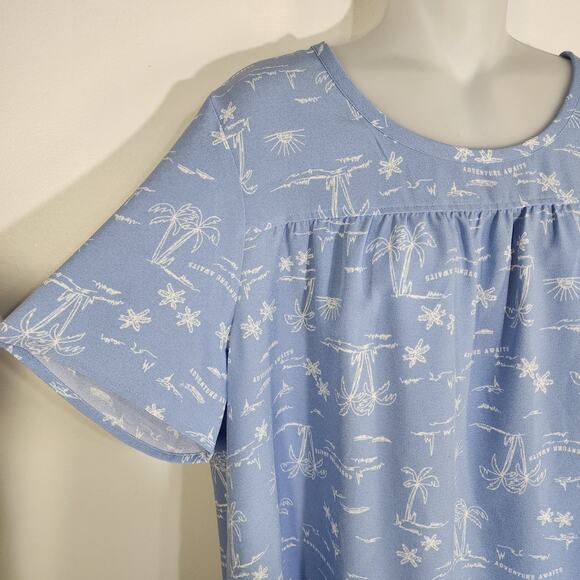 Denim & Co Womens Scenic Print Short Sleeve Crew Neck Blouse Large Blue Haze - Picture 6 of 9